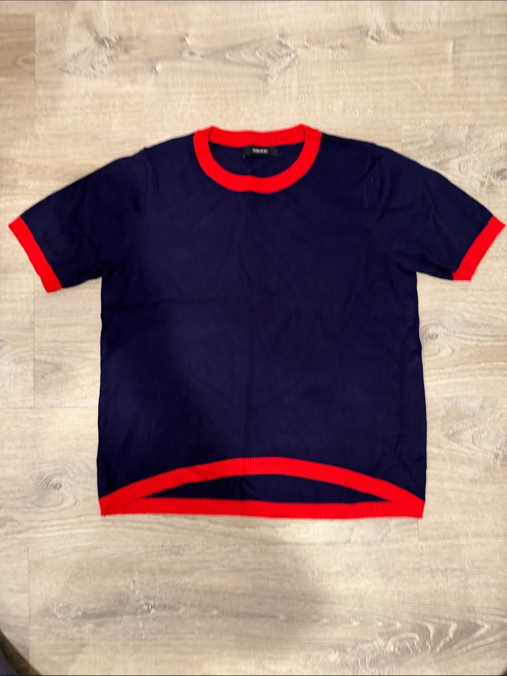 Navy Short Sleeve Knit Top with Red Trim